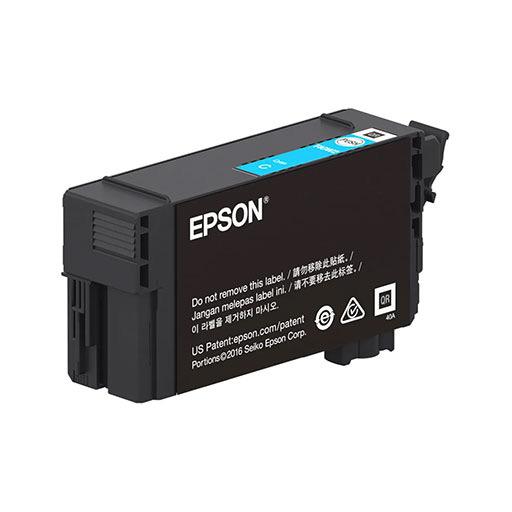 A cyan Epson UltraChrome XD2 ink cartridge (50ml, T40W220) with branding, caution info, and archival pigment ink details on a blue label for Epson SureColor printers.