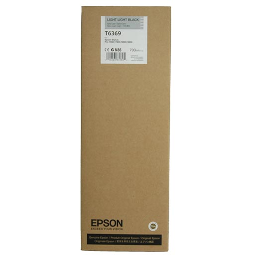 An Epson Light Light Black Ultrachrome HDR Ink Cartridge (700ml, T636900) in a brown box with a white sticker and black text stands upright against a white background. Brand: Epson.