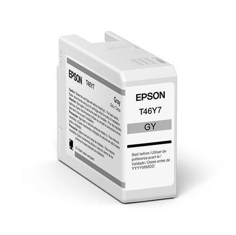 The Epson SureColor P900 Gray UltraChrome PRO10 Ink Cartridge (T46Y700, 50ml) features English and French text on mostly white packaging with black and gray labeling, designed for professional imaging.