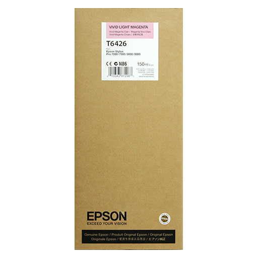A brown Epson box labeled Epson Vivid Light Magenta Ultrachrome HDR Ink Cartridge - 150ml - T642600, compatible with Stylus Pro 7890/7900/9890/9900, with English and Japanese text and logos.