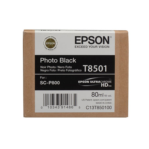 The Epson SureColor P800 Photo Black Ink Cartridge 80ml (T850100) by Epson features UltraChrome HD ink for advanced photo printing. It comes in brown packaging with a white and black label, designed for the SC-P800 printer.