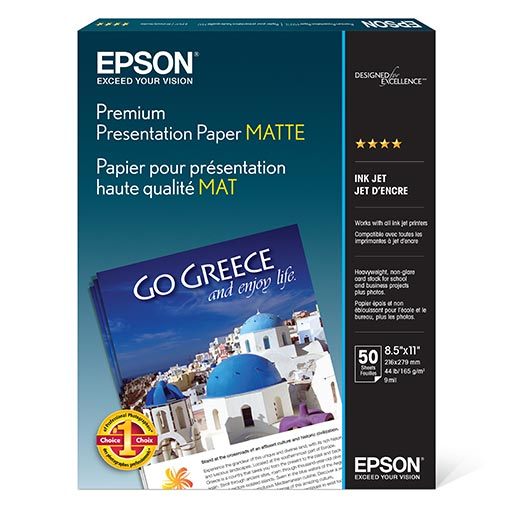 Box of Epson Premium Presentation Paper Matte - Double-sided by Epson, 8.5 x 11 in, 50 sheets. Heavyweight bright white matte paper, in packaging with Greece’s iconic blue domes; info in English and French.