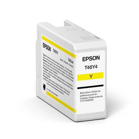 An angled view of the Epson Sure Color P900 Yellow UltraChrome PRO10 Ink Cartridge 50ml (T46Y400) by Epson, featuring a yellow Y label and product details on the front, set against a white background.