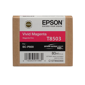 The Epson SureColor P800 Vivid Magenta Ink Cartridge 80ml (T85030N) features Epson UltraChrome HD ink for advanced photo printing. Comes in brown packaging with pink and white labels displaying product details. Brand: Epson.