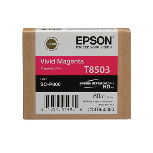 The Epson SureColor P800 Vivid Magenta Ink Cartridge 80ml (T85030N) features Epson UltraChrome HD ink for advanced photo printing. Comes in brown packaging with pink and white labels displaying product details. Brand: Epson.