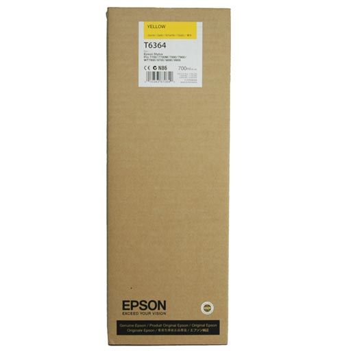 A rectangular box labeled Epson Yellow Ultrachrome HDR Ink Cartridge - 700ml - T636400 stands upright. Made by Epson, it delivers vibrant, long-lasting prints with advanced UltraChrome HDR pigment ink technology.