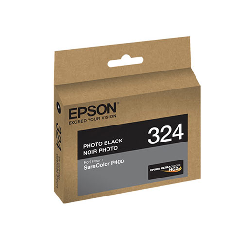 Epson SureColor P400 Photo Black Ink Cartridge (T324120) by Epson, featuring UltraChrome HG2 pigment ink, comes in brown and black packaging with text and Epson branding on the front.