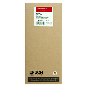A brown Epson Vivid Magenta Ultrachrome HDR Ink Cartridge box (T596300, 350ml) for Stylus Pro 7900/9900 features English and Japanese branding and product details.