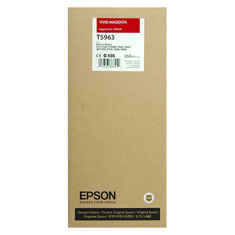 A brown Epson Vivid Magenta Ultrachrome HDR Ink Cartridge box (T596300, 350ml) for Stylus Pro 7900/9900 features English and Japanese branding and product details.