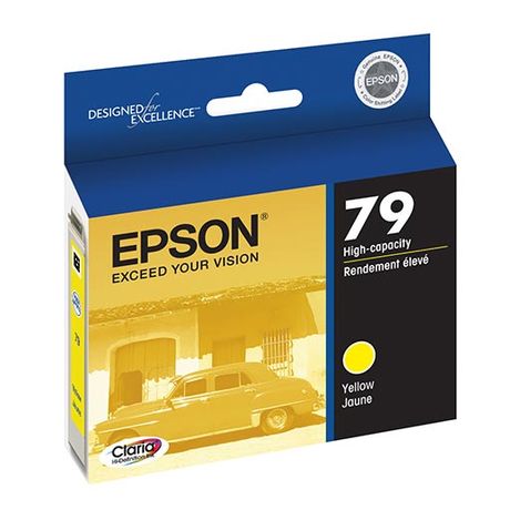 The Epson Stylus Photo 1400 / Artisan 1430 Yellow Ink Cartridge (T079420) by Epson comes in a box featuring a yellow vintage car image, with English and French product details, ideal for high volume printing.