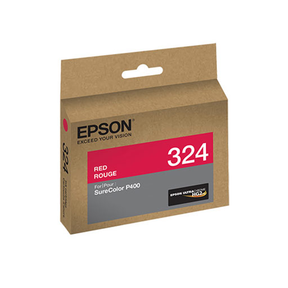 A brown Epson box labeled 324 in pink and white, containing the SureColor P400 Red Ink Cartridge (T324720) with UltraChrome HG2 pigment ink for vivid photos; "Red Rouge" and "For Epson SureColor P400" appear on the front.