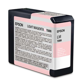 The Epson Pro 3800 Light Magenta Ink Cartridge 80ml (T580600) uses Epson UltraChrome K3 pigment ink for archival prints and has detailed warning and usage labels in multiple languages on its mostly black case with white and pink accents.