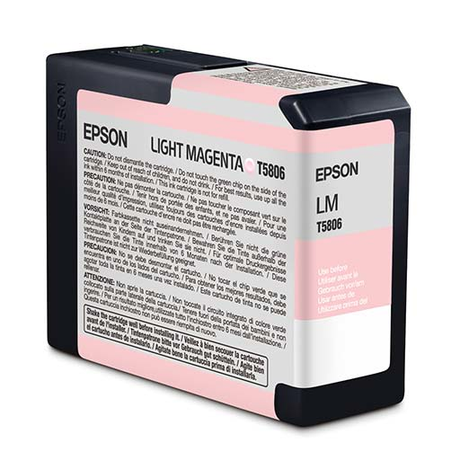 The Epson Pro 3800 Light Magenta Ink Cartridge 80ml (T580600) uses Epson UltraChrome K3 pigment ink for archival prints and has detailed warning and usage labels in multiple languages on its mostly black case with white and pink accents.