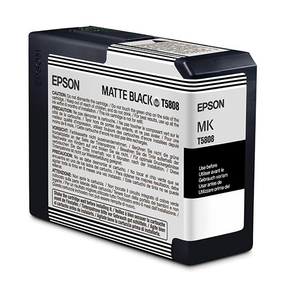 The Epson Pro 3800/3880 Matte Black Ink Cartridge 80ml (T580800) from Epson uses UltraChrome K3 pigment ink and includes multilingual caution, usage, and product information on its rectangular black-and-white labeled packaging.