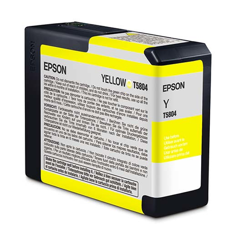 The Epson Pro 3800/3880 Yellow Ink Cartridge 80ml (T580400) features Epson UltraChrome K3 ink for archival prints. The rectangular cartridge has black, white, and yellow accents with multilingual instructions on the front and side.