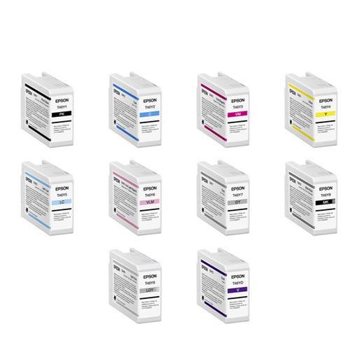 Ten Epson UltraChrome PRO10 ink cartridges from the Complete Ink Set for SureColor P900 Printer by Epson, featuring a range of labeled colors, arranged in a grid on a white background.
