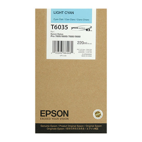 A cardboard box labeled Epson Light Cyan Ultrachrome K3 Ink Cartridge, 220 ml (T603500), for Stylus Pro 7800/9800/7880/9880. The Epson logo and EXCEED YOUR VISION slogan appear at the bottom.