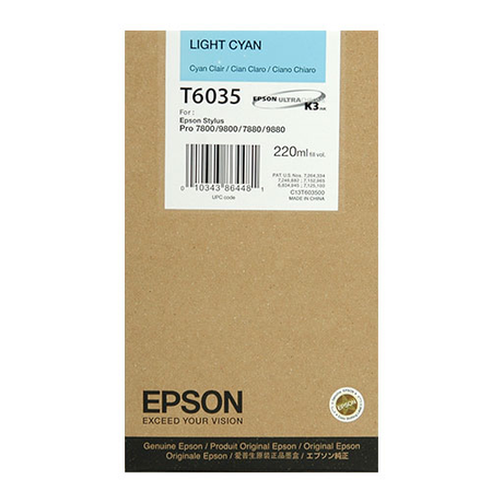 A cardboard box labeled Epson Light Cyan Ultrachrome K3 Ink Cartridge, 220 ml (T603500), for Stylus Pro 7800/9800/7880/9880. The Epson logo and EXCEED YOUR VISION slogan appear at the bottom.
