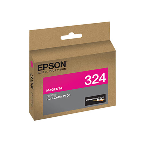 The Epson SureColor P400 Magenta Ink Cartridge (T324320) by Epson comes in a box with magenta and black accents and features "Epson" and "Exceed Your Vision" on the front.