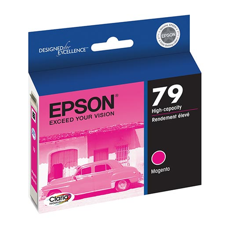 Epson Stylus Photo 1400 / Artisan 1430 Magenta Ink Cartridge (T079320) by Epson. Blue and pink box with a vintage car and house image; white text and branding emphasize vivid, true-to-life colour for high-volume printing.