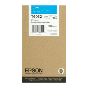 Epson Cyan UltraChrome K3 Ink Cartridge (T603200), 220ml, compatible with Stylus Pro 7800 and more. Genuine Epson product with branding and details on the front.