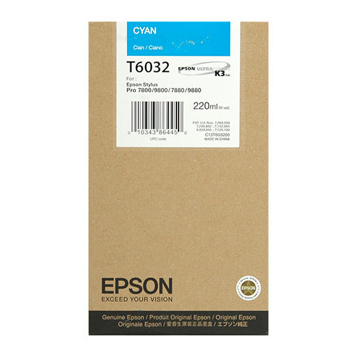 Epson Cyan UltraChrome K3 Ink Cartridge (T603200), 220ml, compatible with Stylus Pro 7800 and more. Genuine Epson product with branding and details on the front.