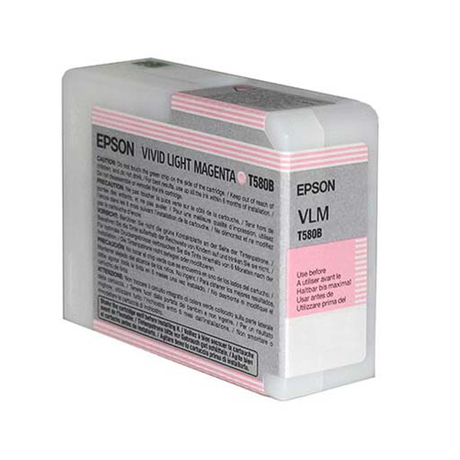 The Epson Pro 3880 Vivid Light Magenta Ink Cartridge 80ml (T580B00) by Epson features a translucent plastic casing with product labels, designed for use with UltraChrome K3 pigment ink technology.