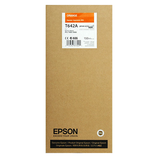 The Epson Orange UltraChrome HDR Ink Cartridge (T642A00, 150ml) comes in a rectangular cardboard box with product details and branding on the front, designed for Epson Stylus Pro printers and using UltraChrome HDR pigment ink.