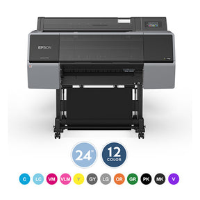 The Epson SureColor P7570 24” Wide Printer (SCP7570SE) features a right-side control panel labeled “24 12 color” above icons for 12 UltraChrome PRO12 inks—perfect for professional photography and vibrant, precise prints.