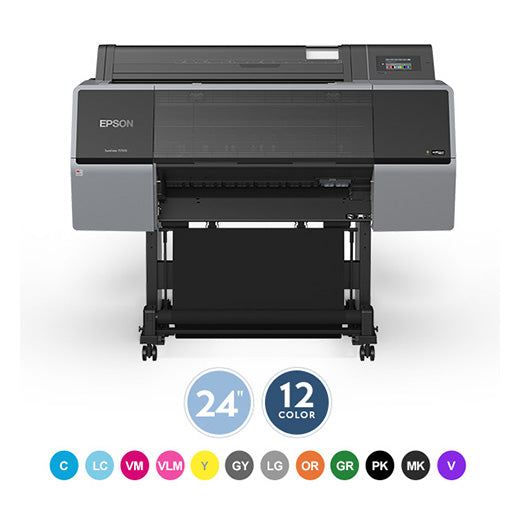 The Epson SureColor P7570 24” Wide Printer (SCP7570SE) features a right-side control panel labeled “24 12 color” above icons for 12 UltraChrome PRO12 inks—perfect for professional photography and vibrant, precise prints.