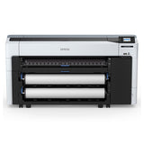 The Epson SureColor P8570D is a 44-inch wide-format dual roll printer with a control panel on the top right and a sleek white and black design, ideal for professional photographic production printing.