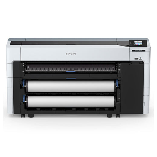 The Epson SureColor P8570D is a 44-inch wide-format dual roll printer with a control panel on the top right and a sleek white and black design, ideal for professional photographic production printing.