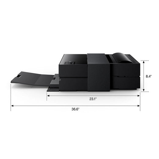 Side profile with dimensions of an Epson SureColor P900 17” Wide Photo Printer and P900 roll adapter attached