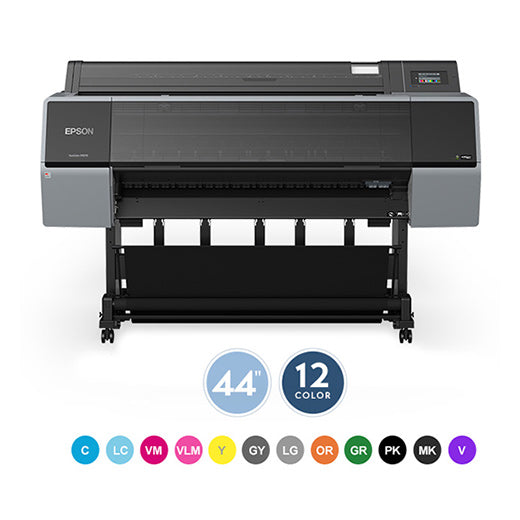 The Epson SureColor P9570 44” Wide Printer (SCP9570SE) stands on a black frame, with icons showcasing its UltraChrome PRO12 Ink system and 44-inch print width—perfect for professional photography. Colored circles represent each ink color.
