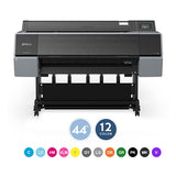 The Epson SureColor P9570 44” Wide Printer (SCP9570SE) stands on a black frame, with icons showcasing its UltraChrome PRO12 Ink system and 44-inch print width—perfect for professional photography. Colored circles represent each ink color.