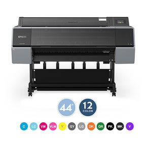 The Epson SureColor P9570 44” Wide Printer (SCP9570SE) stands on a black frame, with icons showcasing its UltraChrome PRO12 Ink system and 44-inch print width—perfect for professional photography. Colored circles represent each ink color.