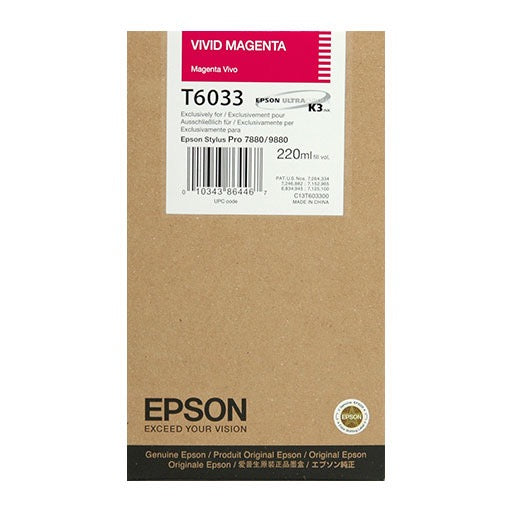 The Epson Vivid Magenta UltraChrome K3 Ink Cartridge (T603300), 220ml, is designed for Stylus Pro 7880/9880 printers. It comes in branded brown packaging with product details and a barcode for easy identification.