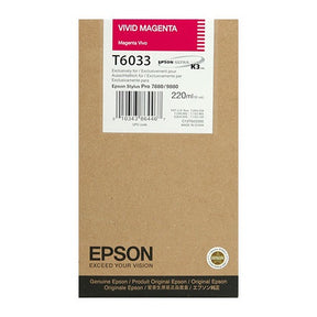 The Epson Vivid Magenta UltraChrome K3 Ink Cartridge (T603300), 220ml, is designed for Stylus Pro 7880/9880 printers. It comes in branded brown packaging with product details and a barcode for easy identification.