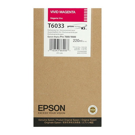 The Epson Vivid Magenta UltraChrome K3 Ink Cartridge (T603300), 220ml, is designed for Stylus Pro 7880/9880 printers. It comes in branded brown packaging with product details and a barcode for easy identification.