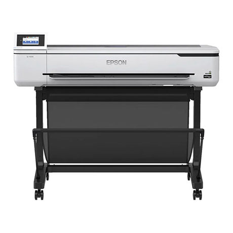 Front view of the Tricera Imaging Epson SureColor T5170 36" Wide Printer (Wifi - SCT5170SR) on a black wheeled stand, with a left-side touchscreen, UltraChrome XD2 pigment inks, and a paper catcher below.
