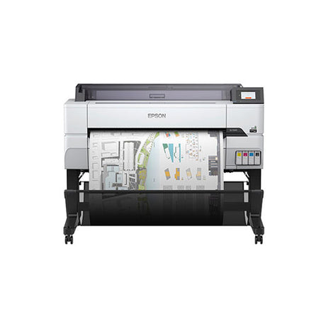 The Epson SureColor T5475 36" Printer (SCT5475SR) is a wireless wide-format inkjet printer in white and black, featuring a display screen on the right. It's ideal for producing detailed color architectural or engineering blueprints.