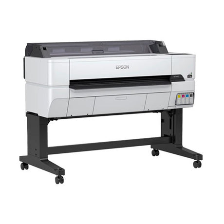 The Epson SureColor T5475 36 Inch Printer (SCT5475SR) is a wireless wide-format inkjet printer with a white body, black wheeled stand, and right-side control panel with colored buttons for high-production printing.