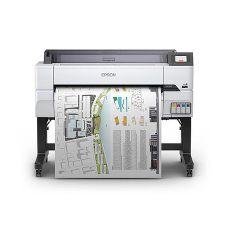 The Epson SureColor T5475 36 Inch Printer (SCT5475SR) prints detailed architectural maps with text and colorful diagrams, supported by a black stand. Ink cartridges are visible on the right of this high-production Epson device.